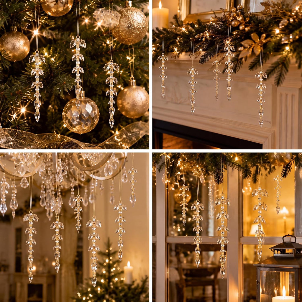 Christmas Crystal Ornaments, 4 Inch Gold Rhinestone Drop - Set of 12