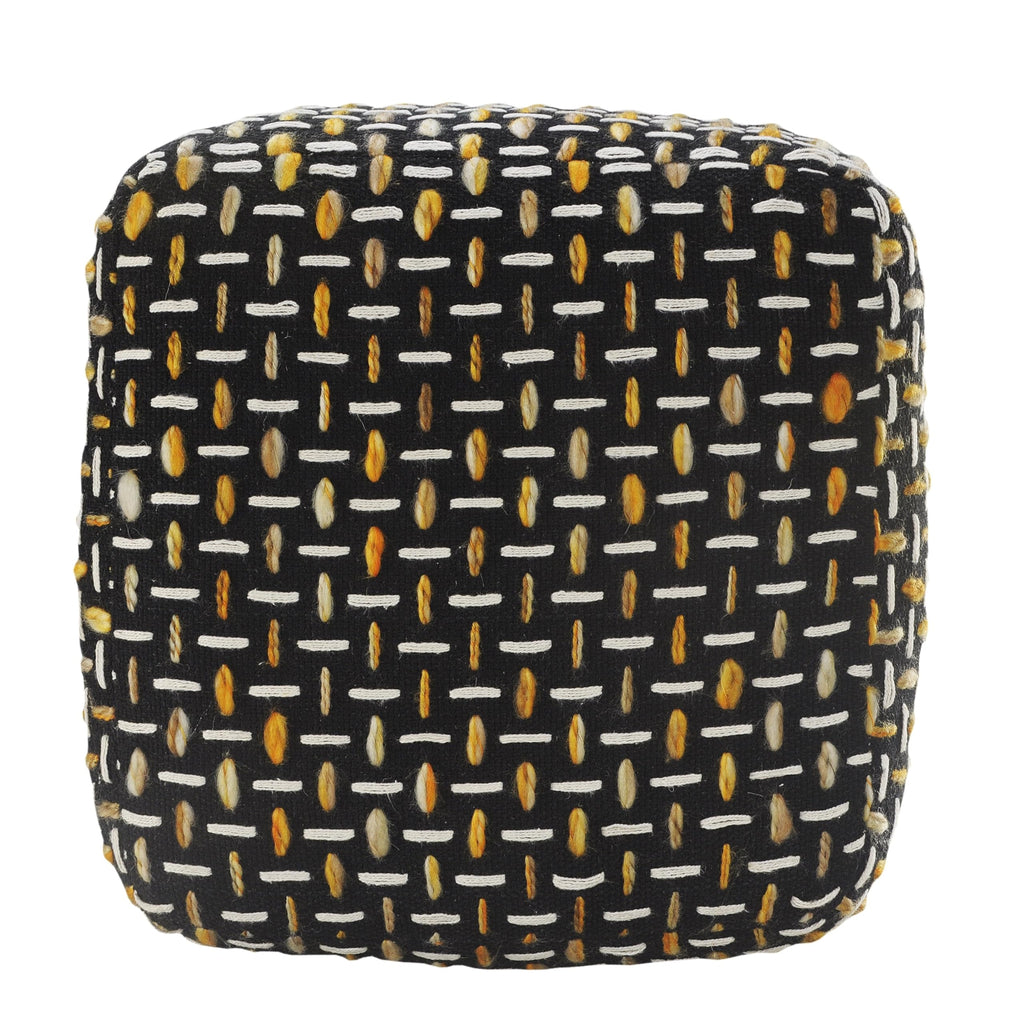 LR Home Hand-Woven Black/Gold/White Geometric Square Ottoman Pouf Decor | Lightweight Foot Rest | 16 x 16 x 16