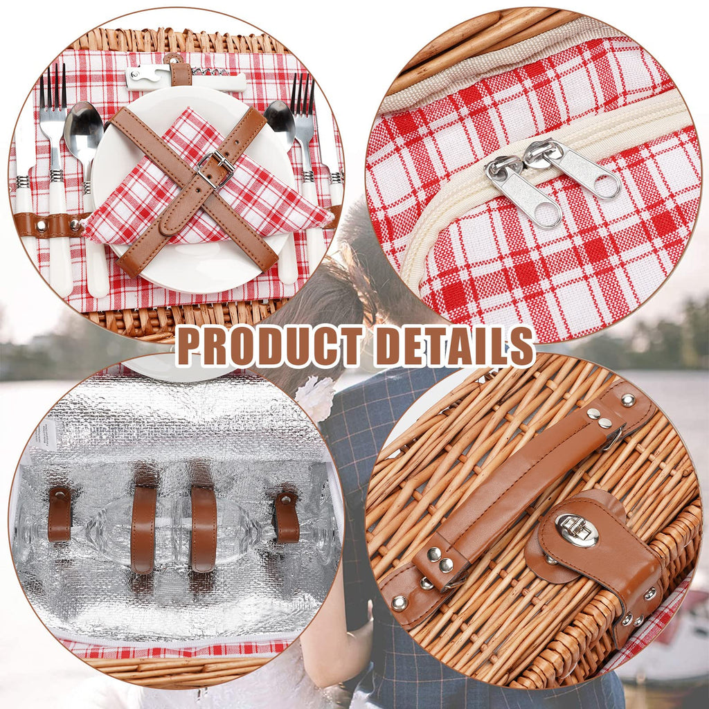Willow Picnic Basket Set for 2 Persons with Blanket, Red Check