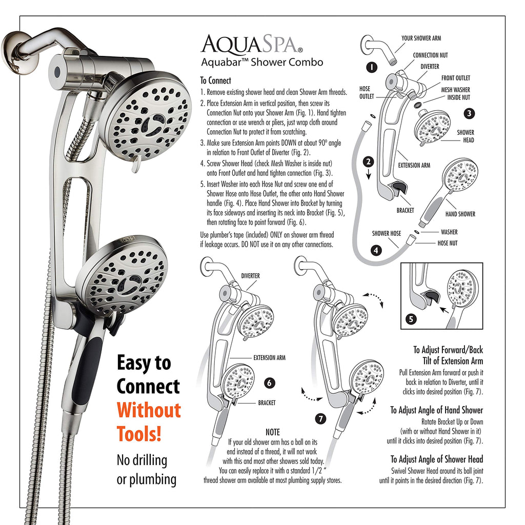 High Pressure 48-mode Luxury 3-way Combo with Adjustable Extension Arm - Dual Rain & Handheld Shower Head - Extra