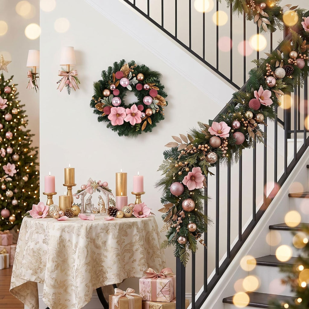 24" Magnolia Christmas Wreath for Front Door with Lights