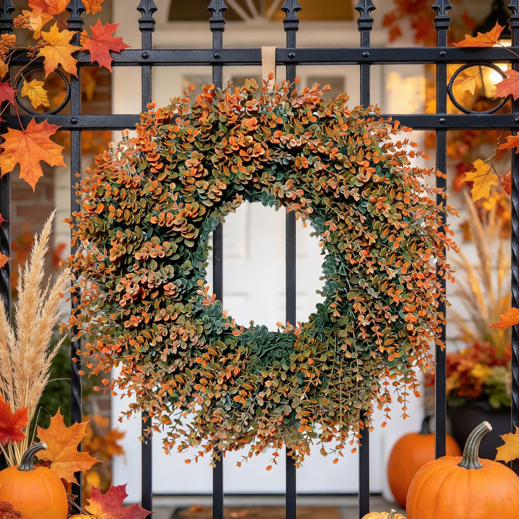 Fall Wreath for Front Door 26 inch Boxwood Wreath Eucalyptus Leaves