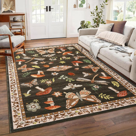 5x7 Washable Novelty Area Rug, Mushroom Print Non-Slip Carpet for Living Room Bedroom Brown