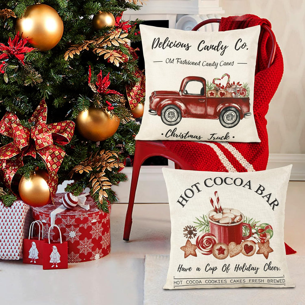 Christmas Throw Pillow Covers 18x18, Merry Christmas Tree Gnome Red Truck Candy Cane Xmas Farmhouse - Set of 4