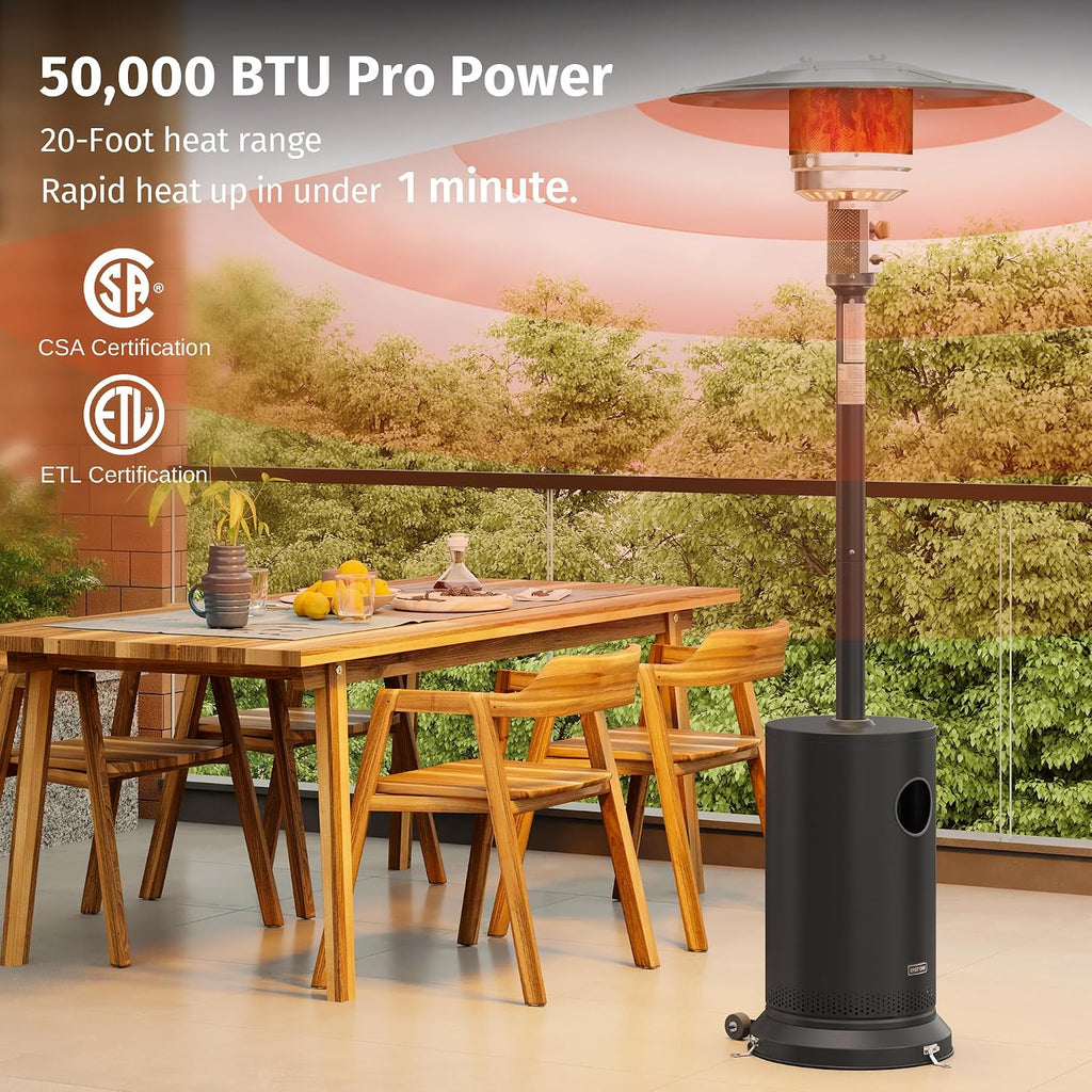 50,000 BTU Patio Heater for Outdoor Use with Round Table Design, Double-Layer Stainless Steel Burner, Wheels, Triple