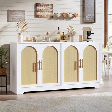 59" Rattan Sideboard Buffet Cabinet - Large Storage Cabinet with 4 Doors, Modern Console Table Accent Coffee Bar