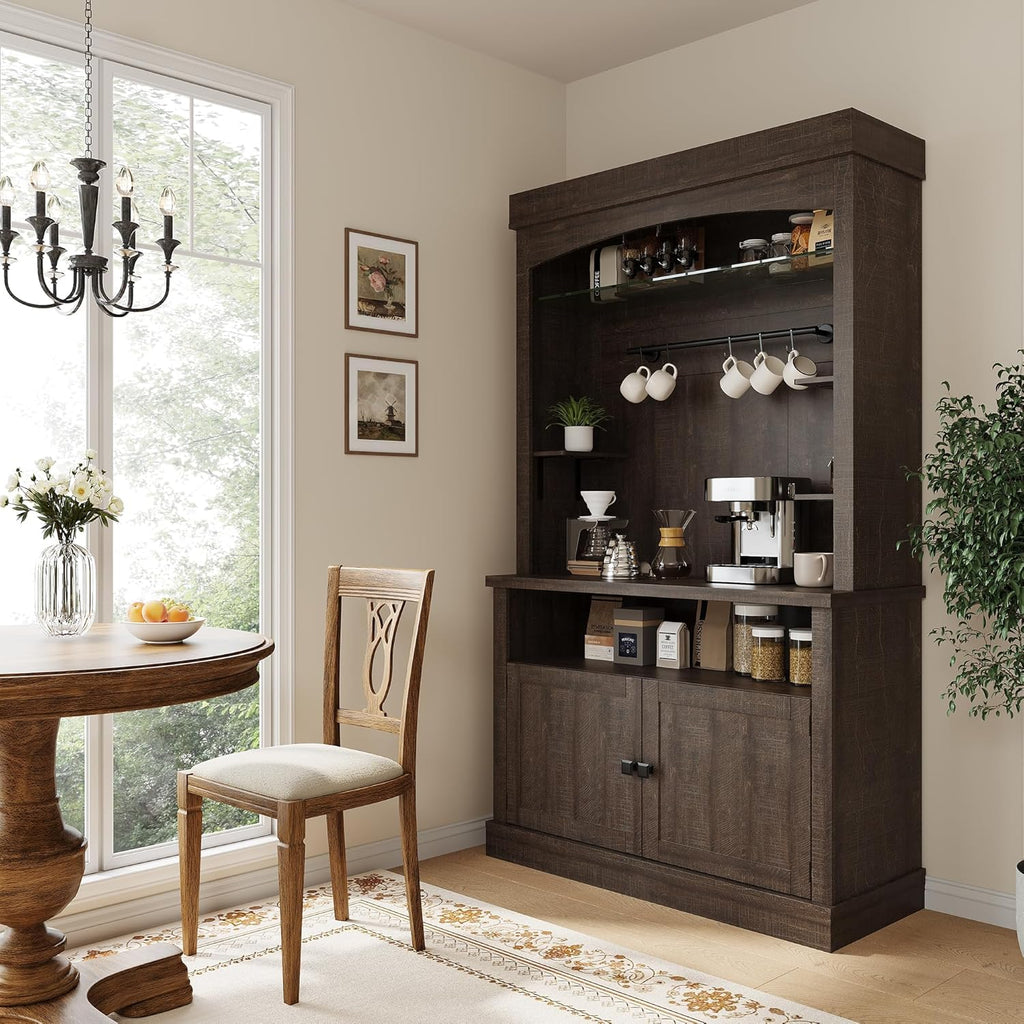 Coffee Bar Cabinet with LED Lights,72 '' Tall Buffet Cabinet with Storage,Farmhouse Kitchen Sideboard Tall Coffee