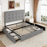 Upholstered Queen Platform Bed Frame with 4 Storage Drawers and Headboard, Square Stitched Button Tufted