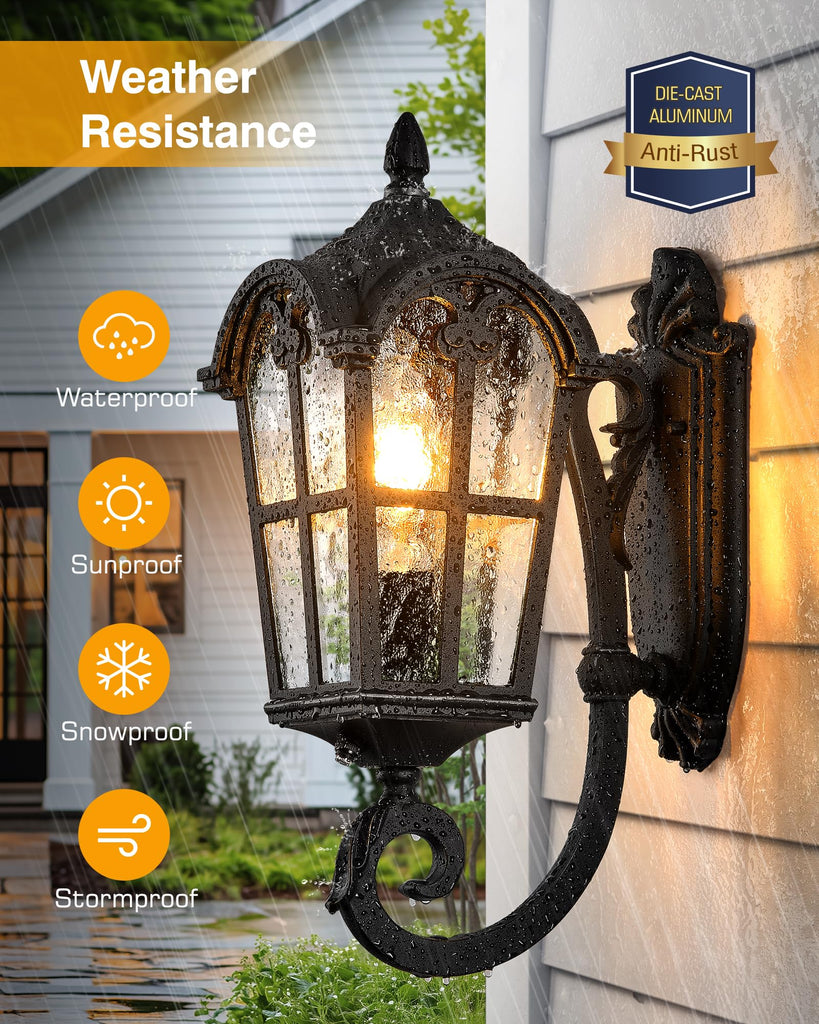 Black Dusk to Dawn Outdoor Lighting, Vintage Outdoor Sconce Lights with Water Ripple Glass, 100% Aluminium Anti-Rust
