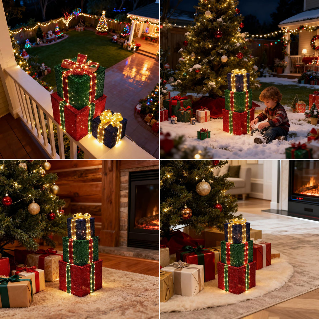 Set of 3 Christmas Lighted Gift Boxes - Warm White 160 LEDs Outdoor Decor