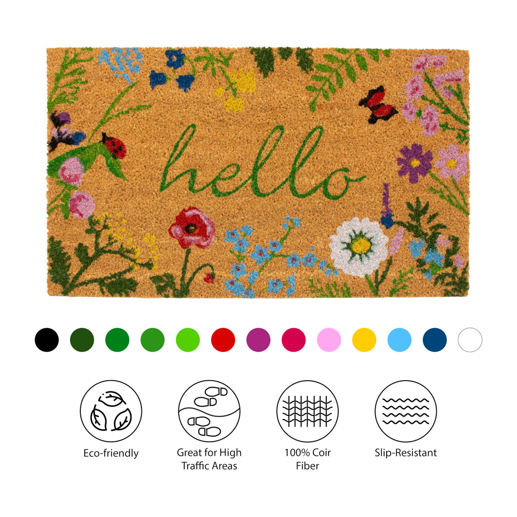 Floral Hello Doormat, 17" x 29", Multicolor