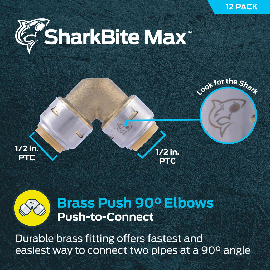Max 1/2 x 1/2 in PTC 90-Degree Elbow, Pack of 12, Push-to-Connect Brass Plumbing Fitting