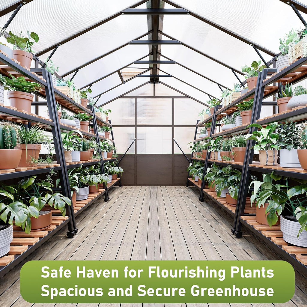 8x16 FT Wooden Walk in Polycarbonate Greenhouse for Outdoors | Heavy Duty Green Houses with Locked Door, Roof Vent