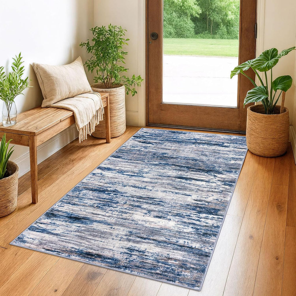 3x5 Washable Modern Abstract Area Rug, Low Pile Non-Slip Indoor Door Mat Navy Blue Grey