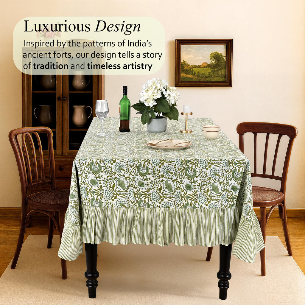 CPC Agate Green Hand Block Print Ruffle Square Tablecloth 60x60 Inch