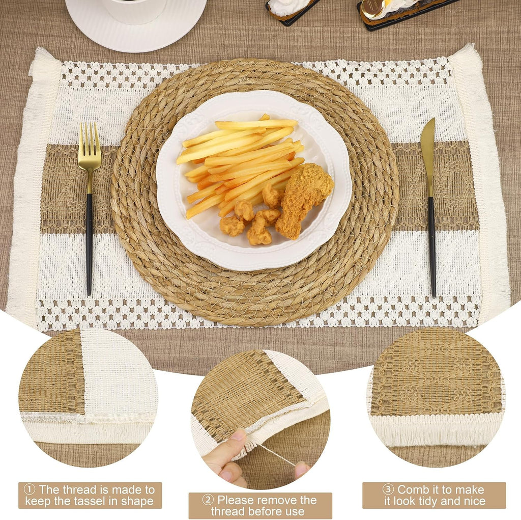 Set Handmade Boho Placemats Natural Cotton Burlap Table Mats, 6 Rectangle with Tassel & 6 Round Bulrush Placemats - Set of 12