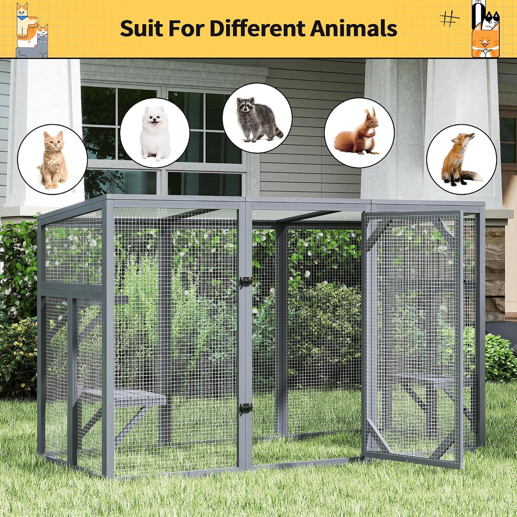 Outdoor Cat Catio House, Wooden Cat Habits with 3 Platforms, Lockable Doors, Top PC Sun Roof, Patio Yard Window