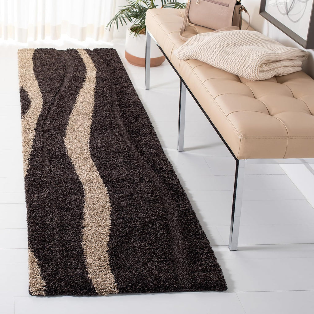 Florida Shag Collection Runner Rug - 2'3" x 7', Dark Brown & Beige, Stripe Design, Non-Shedding & Easy Care, 1.2-inch