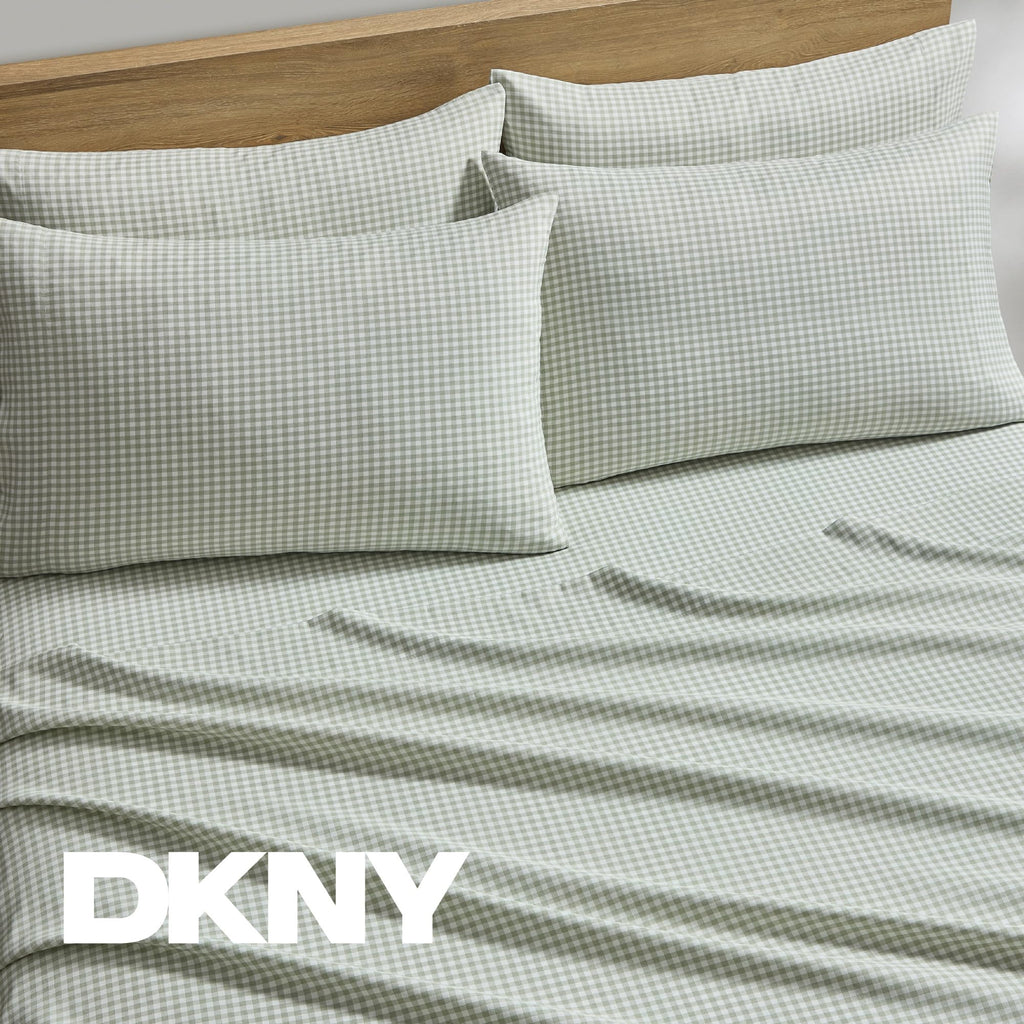 King Sheet Set - 6-Piece Heather-Hue Gingham Bed Sheets - Sage Green