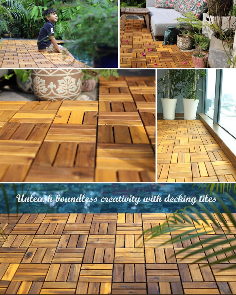 Pack of 10 Deck Tiles - 12"x12" Interlocking Natural Solid Acacia Wood for Outdoor & Indoor, Patio Garden, Balcony