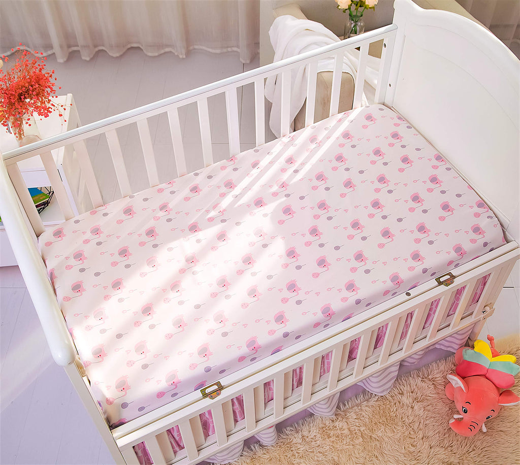 Baby Crib Bedding Set for Girls, Pink Elephant & Love Balloons 3 Piece Standard Size Nursery Crib Set for Baby Girls