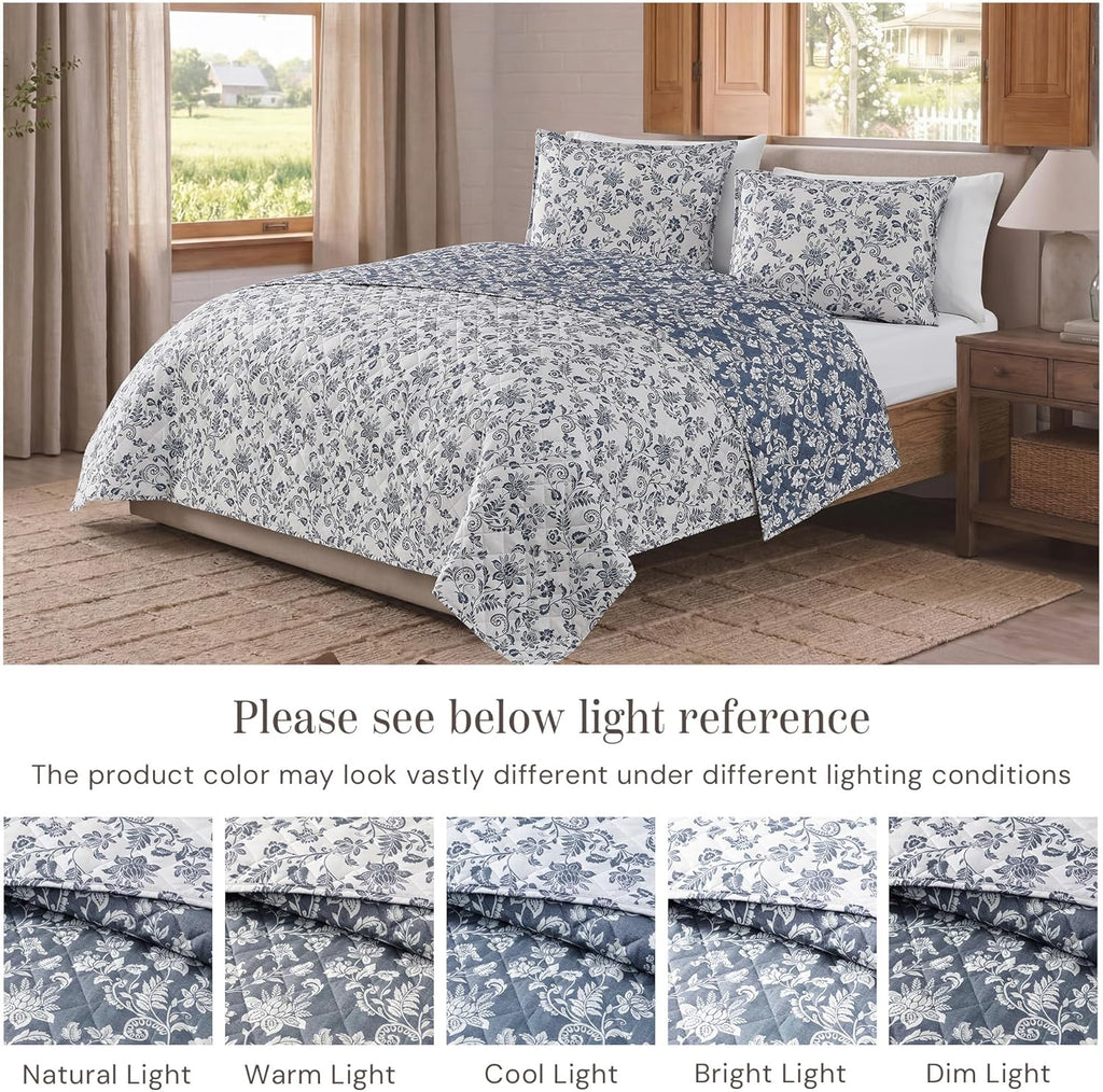 Quilt Set Queen, Oxford Blue Floral Quilt Sets, Reversible Bedspread Lightweight and Breathable for All Seasons, Soft
