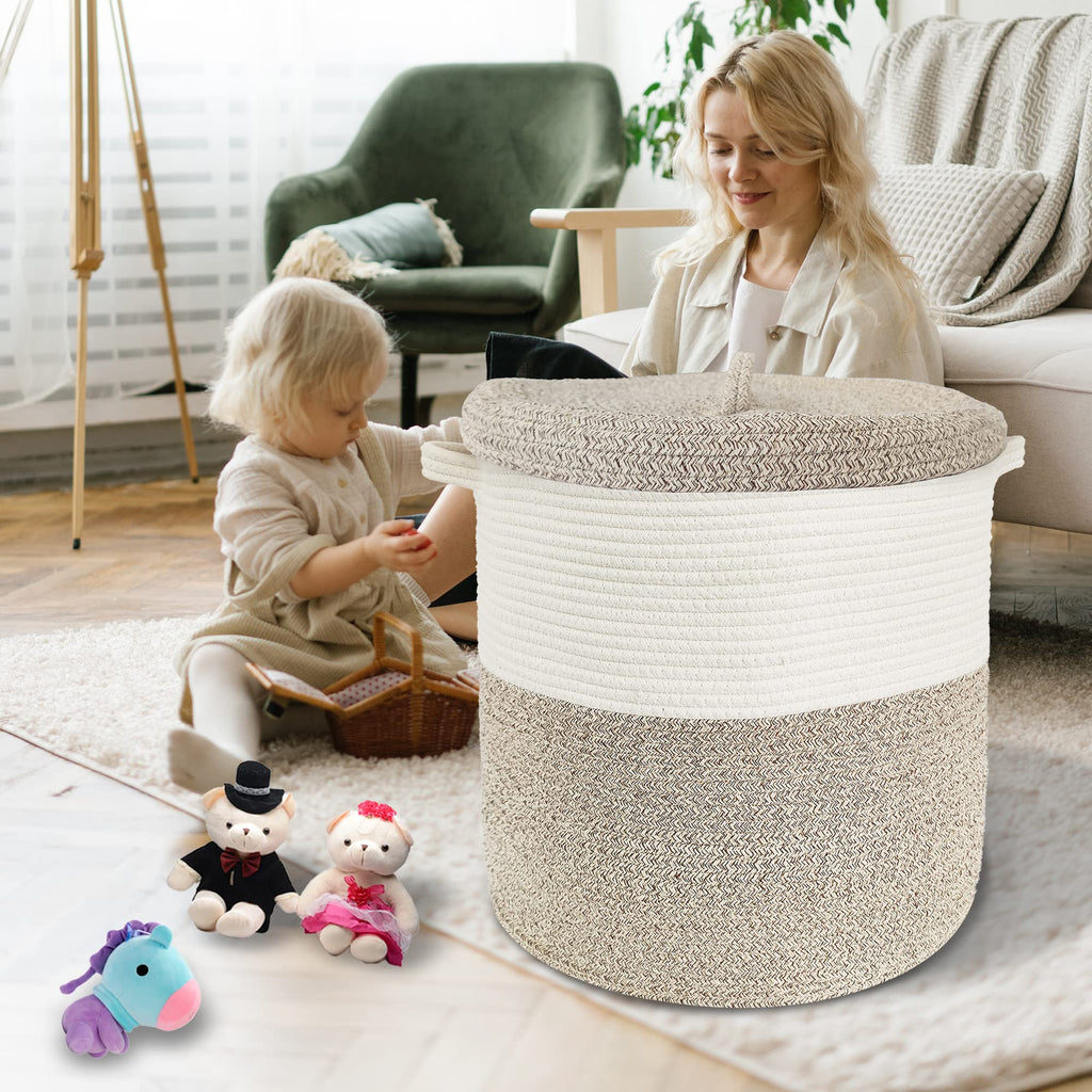 Large Storage Basket with Lid 60L, 16"Wx18"H Woven Laundry Hamper Basket with Handle, Room Decor Cotton Rope Wicker