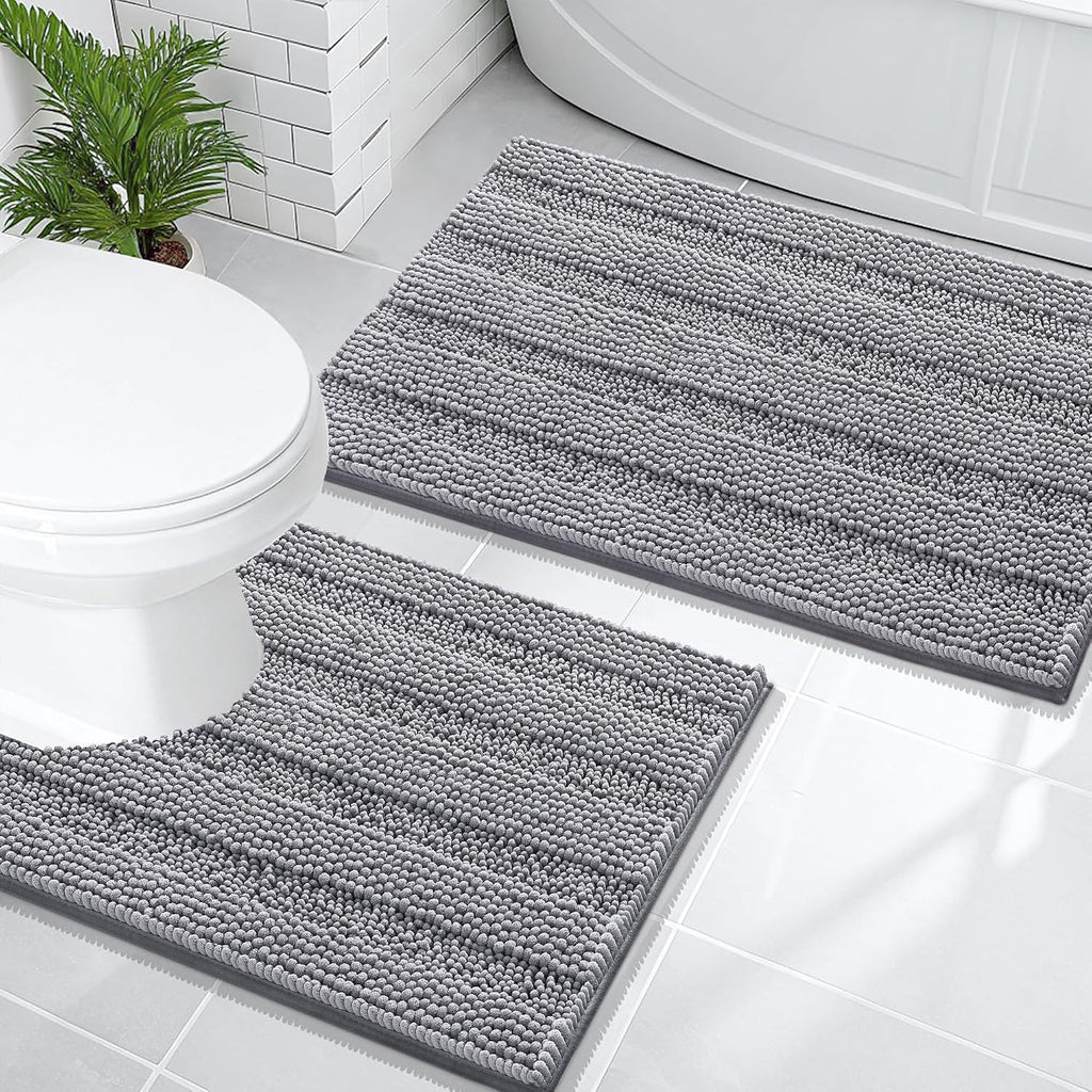 Thick Bathroom Rugs Sets 2 Piece, Soft Absorbent Chenille Striped Bath Mats and U-Shaped Contour Toilet Rug, Machine