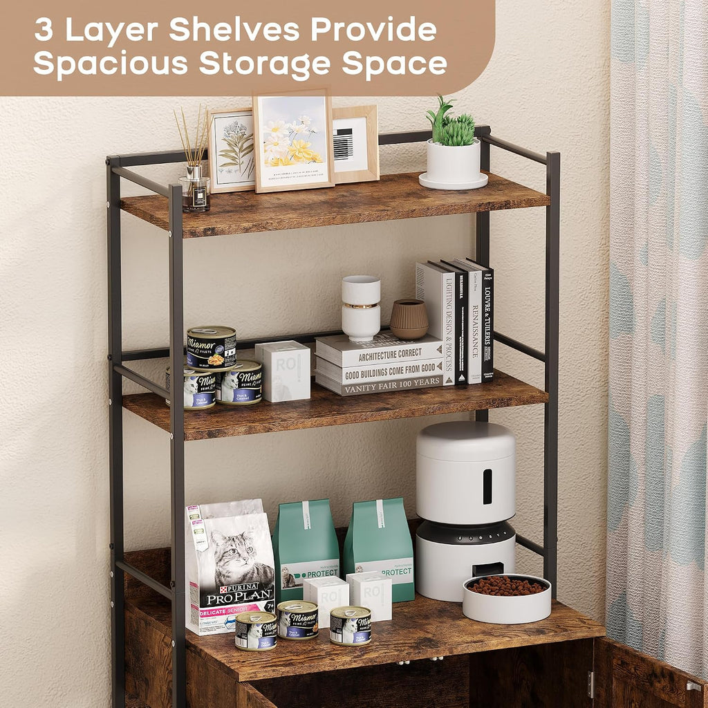 Cat Litter Box Enclosure with 2-Tier Storage Shelves and Doors - Hidden Cat Washroom Cabinet - Odor Control, Enhanced