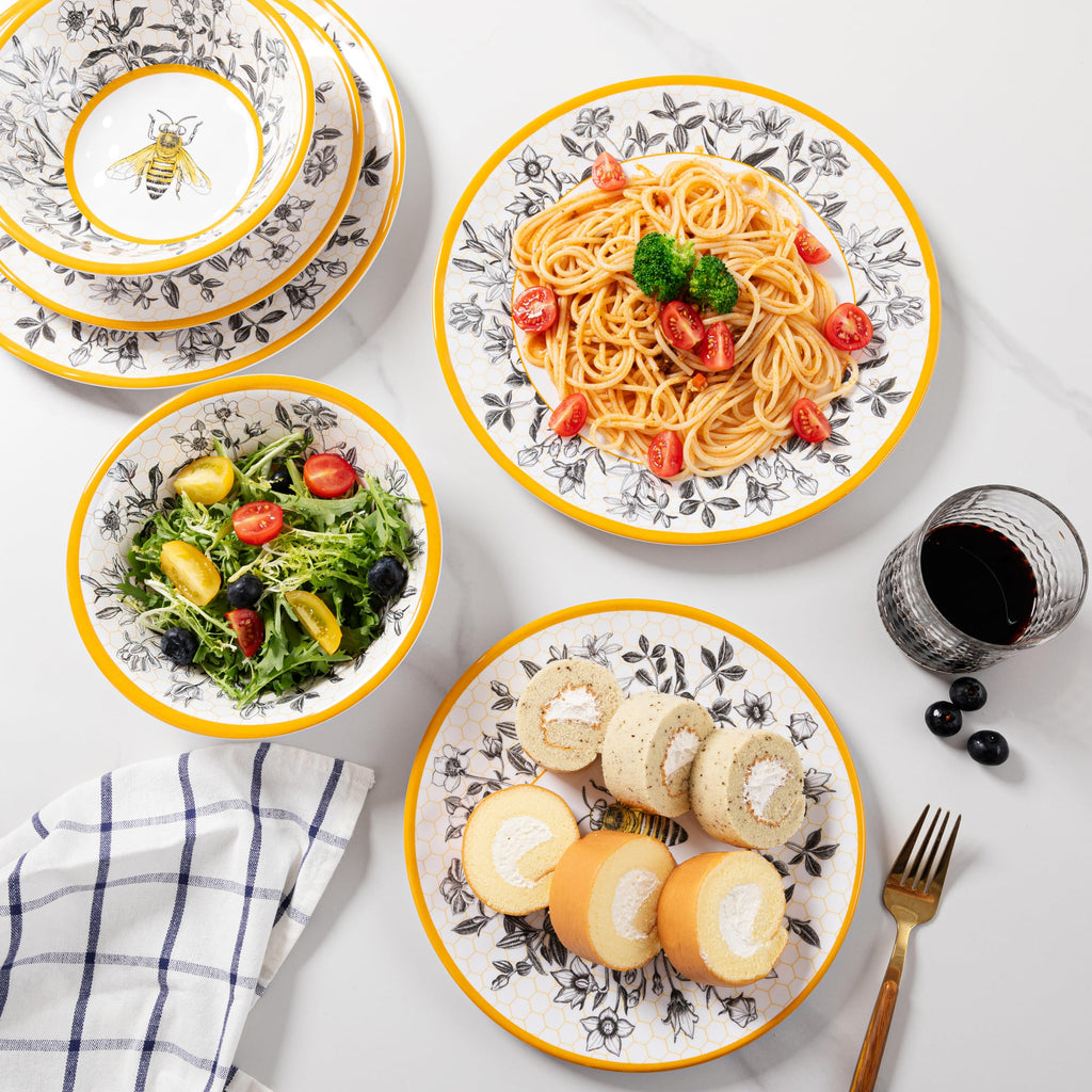 Honeycomb Bee Sweet 12-Piece Melamine Dinnerware Set, Floral Design