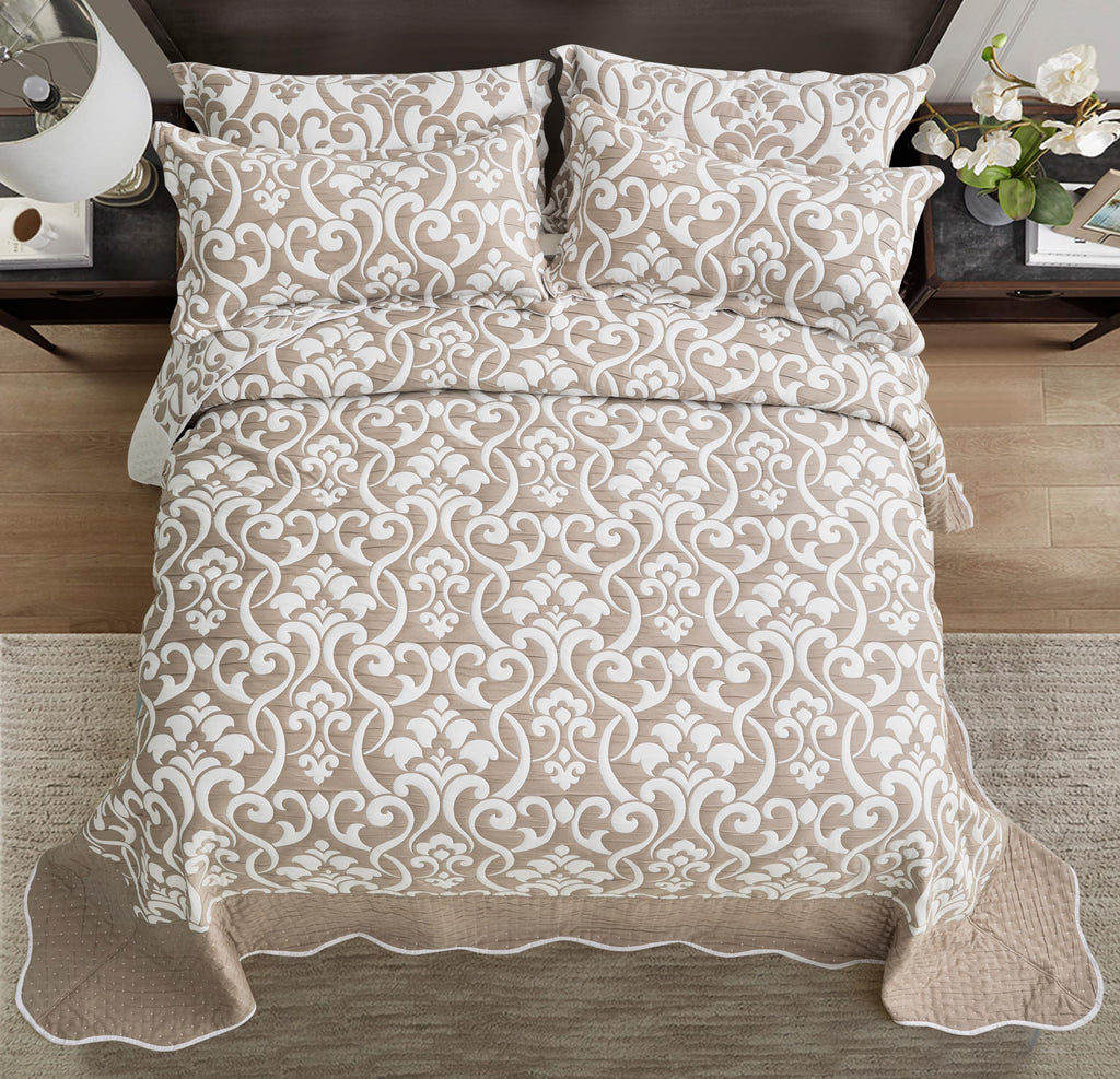 Oversized Bedspread 138x122, Jacquard Matelasse Floral Damask Design, 5-Piece Lightweight Reversible Microfiber