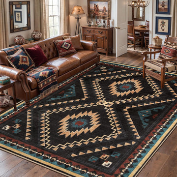 Western Rugs, Machine Washable Soft Non-Slip Aztec Area Rug, Low-Pile Southwest Non-Shedding Foldable Dining