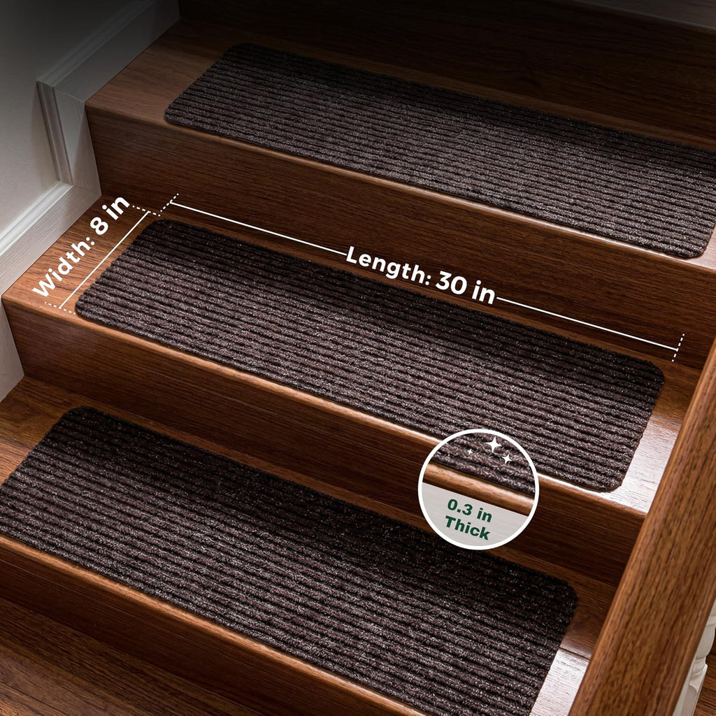 Carpet Stair Treads for Wooden Steps, 15 Pack, 8" x 30", Brown Stripe | Four-layer polyester carpet with PP grid