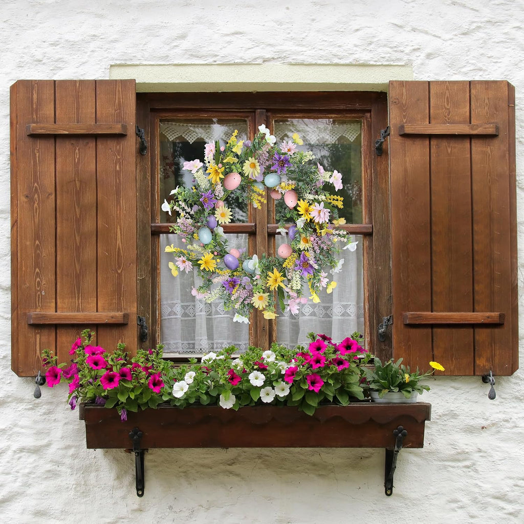 20 Inch Easter Wreath with Spring Artificial Flower Colorful Eggs Daisies Lavender Eucalyptus Leaves for Front Door