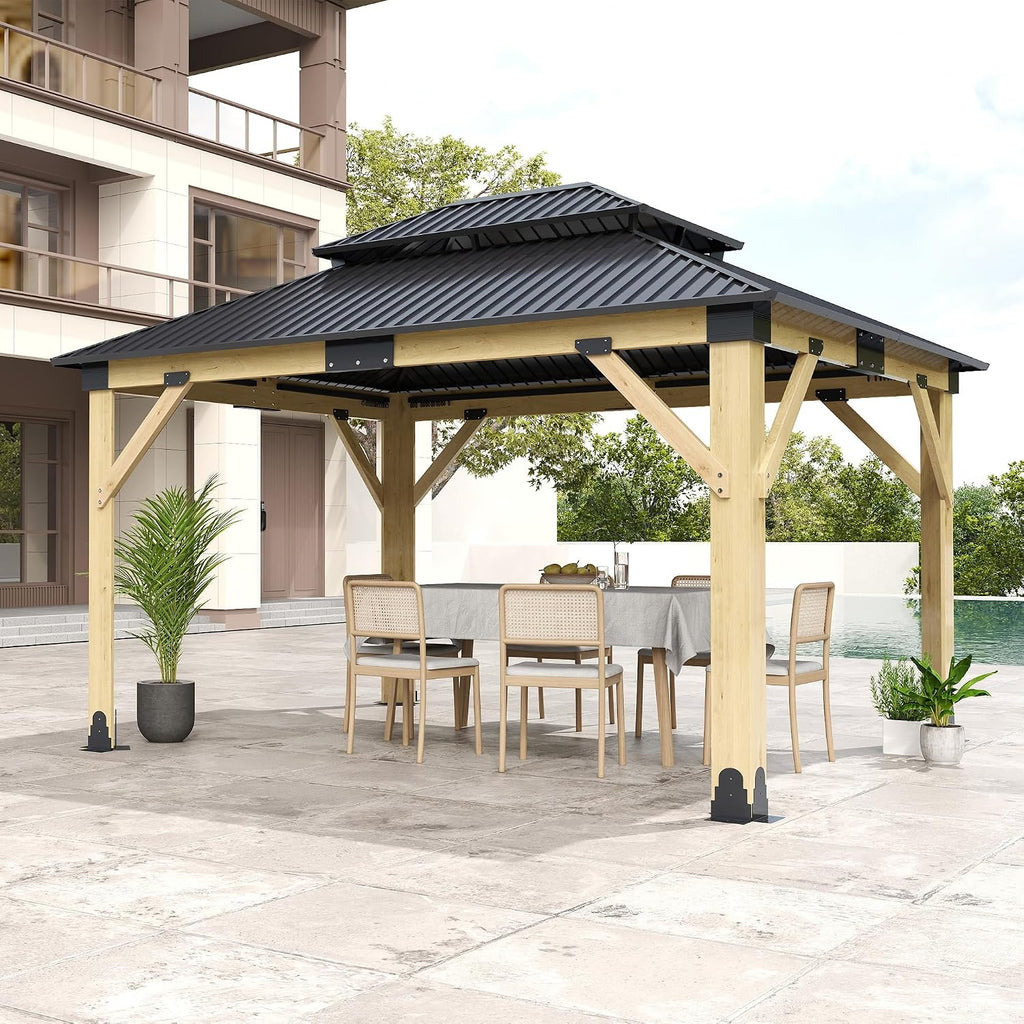 11x13FT Wood Gazebo, Outdoor Wooden Gazebo with Glavanized Steel Double Roof, Hardtop Gazebos