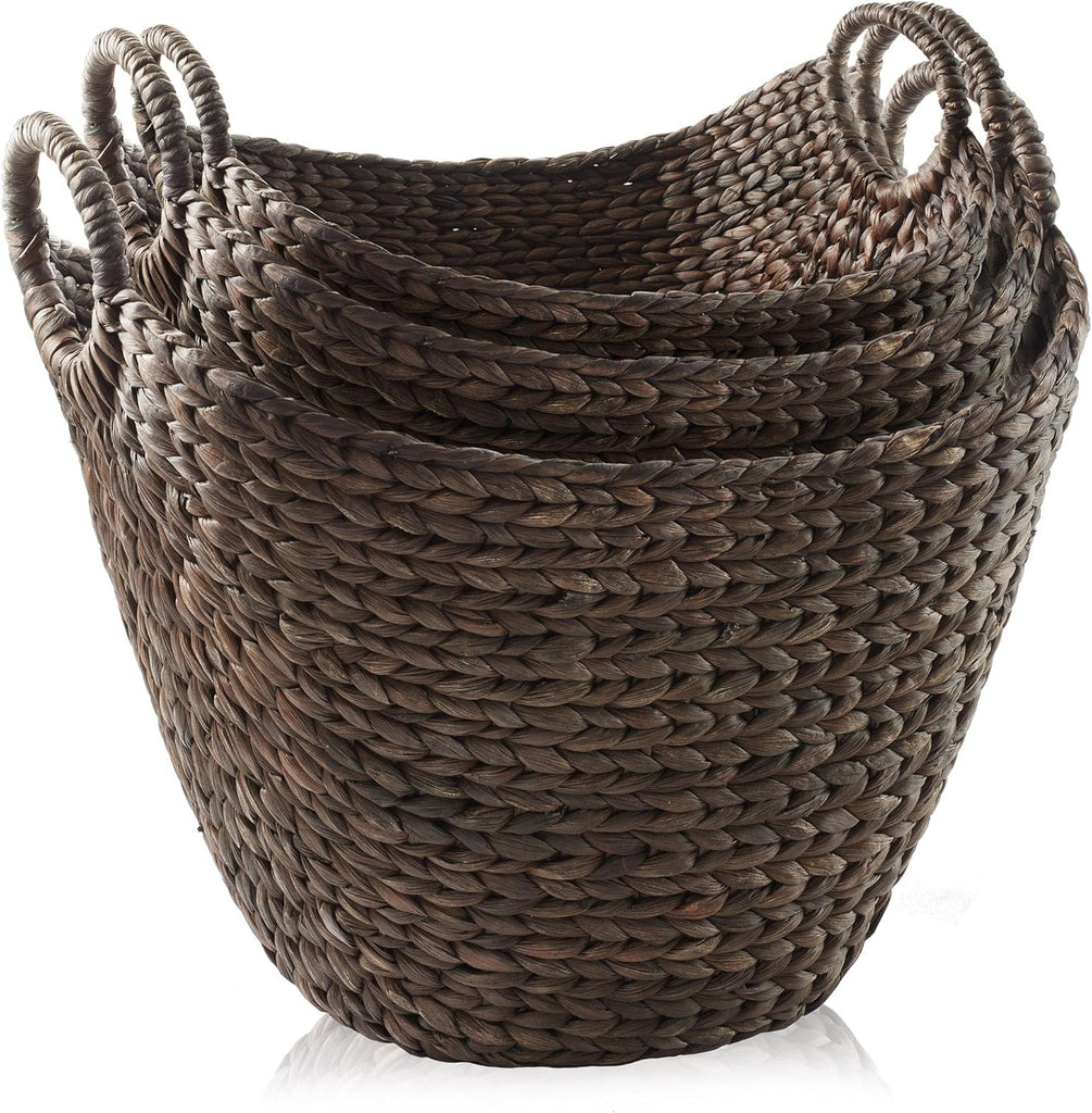 Set of 3 Multipurpose Boat Baskets with Handles - Espresso, Woven Water Hyacinth Storage Organizers for Throw