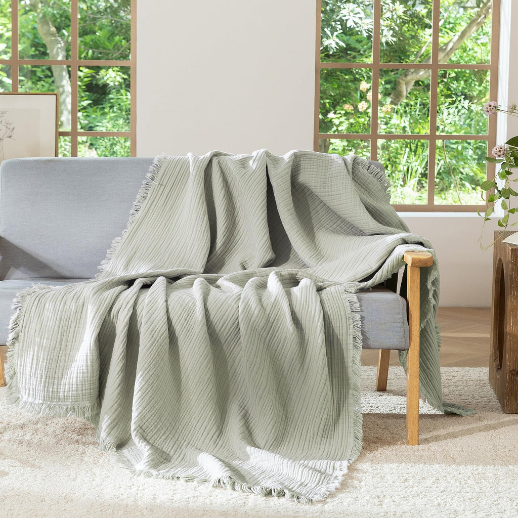 100% Cotton Muslin Blanket, Fringed 4-Layer Gauze Bed Couch Throw