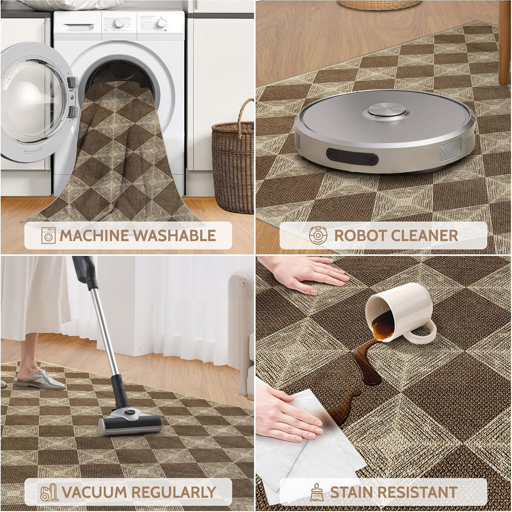 5x7 Checkered Easy Jute Rug - Washable Non-Slip Indoor Outdoor Carpet, Brown Textured Diamond Pattern, Neutral Area