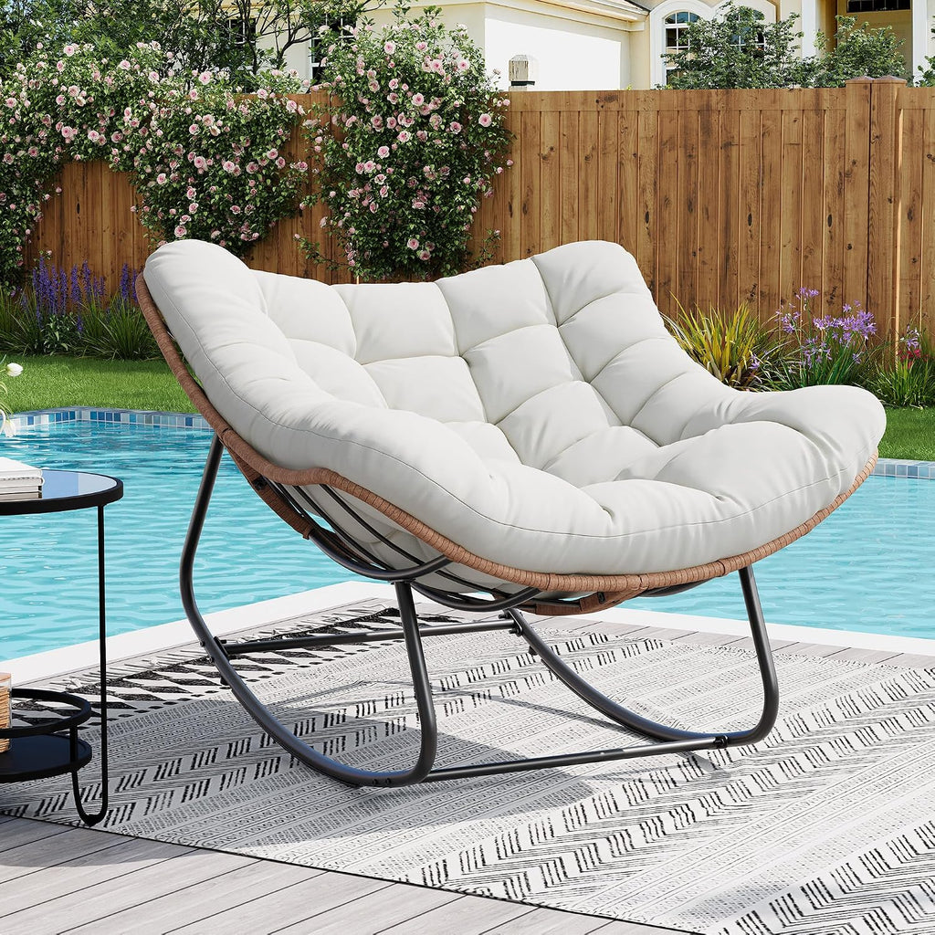 Outdoor Rocking Chair, Oversized Papasan Chair with Cushion | Metal & PE Rattan Frame, 400LBS Capacity, Ideal