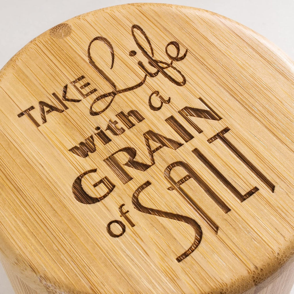 Salt Cellar Bamboo Storage Box with Magnetic Swivel Lid, 6 Ounce Capacity, "Take Life with a Grain of Salt" Engraved