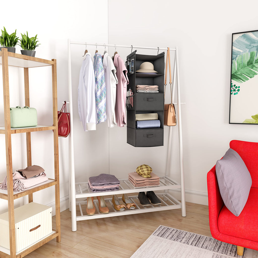 5 Tier Shelf Hanging Closet Organizer, Cloth Hanging Shelf with 2 Sturdy Hooks for Storage, Foldable (Grey-D2)