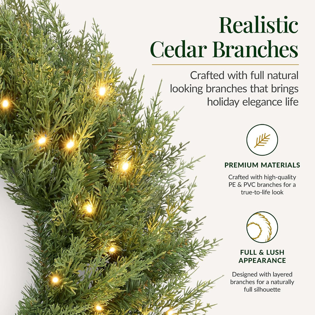 24in Artificial Christmas Wreath w/Twinkling LEDs, Large Pre-Lit Cedar Cypress w/Lighted Bow Decoration, XL Holiday