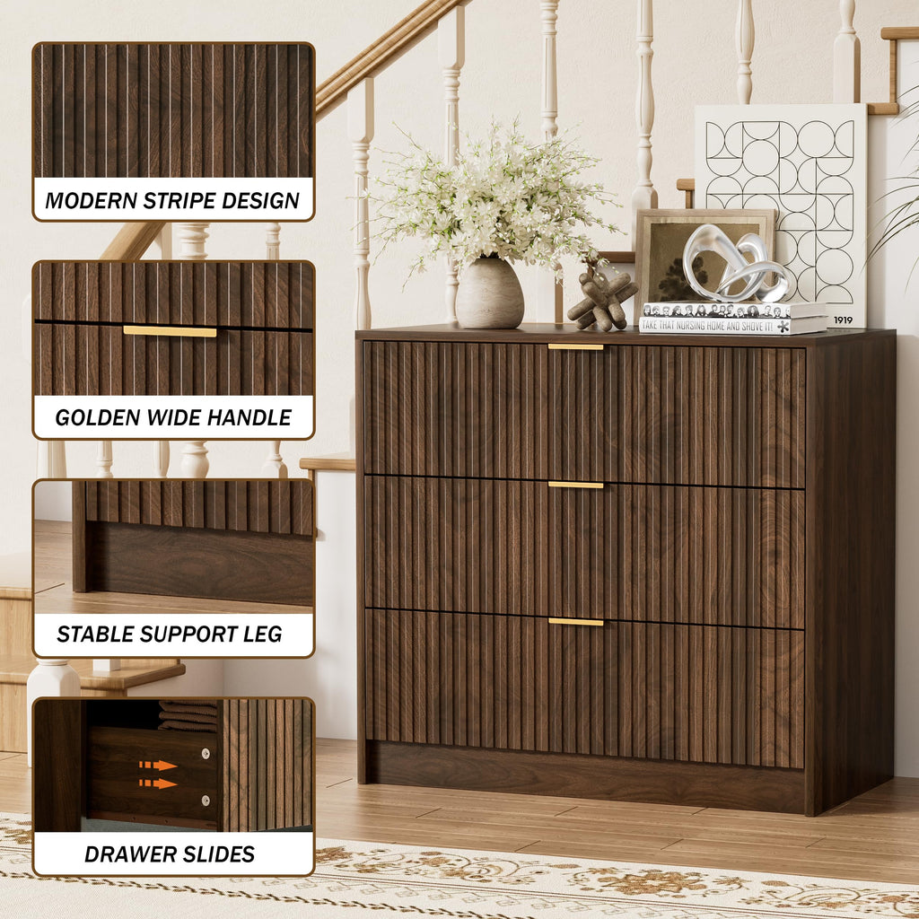 Fluted 3 Drawer Dresser, 31.5" Wide Chest of Drawers, Walnut