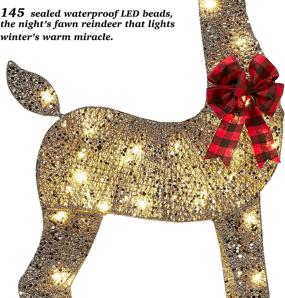 48 Inch 2.5D Gold Lighted Christmas Deer Decorations 3-Piece Outdoor Holiday Decorations Reindeer Set with 145 Warm