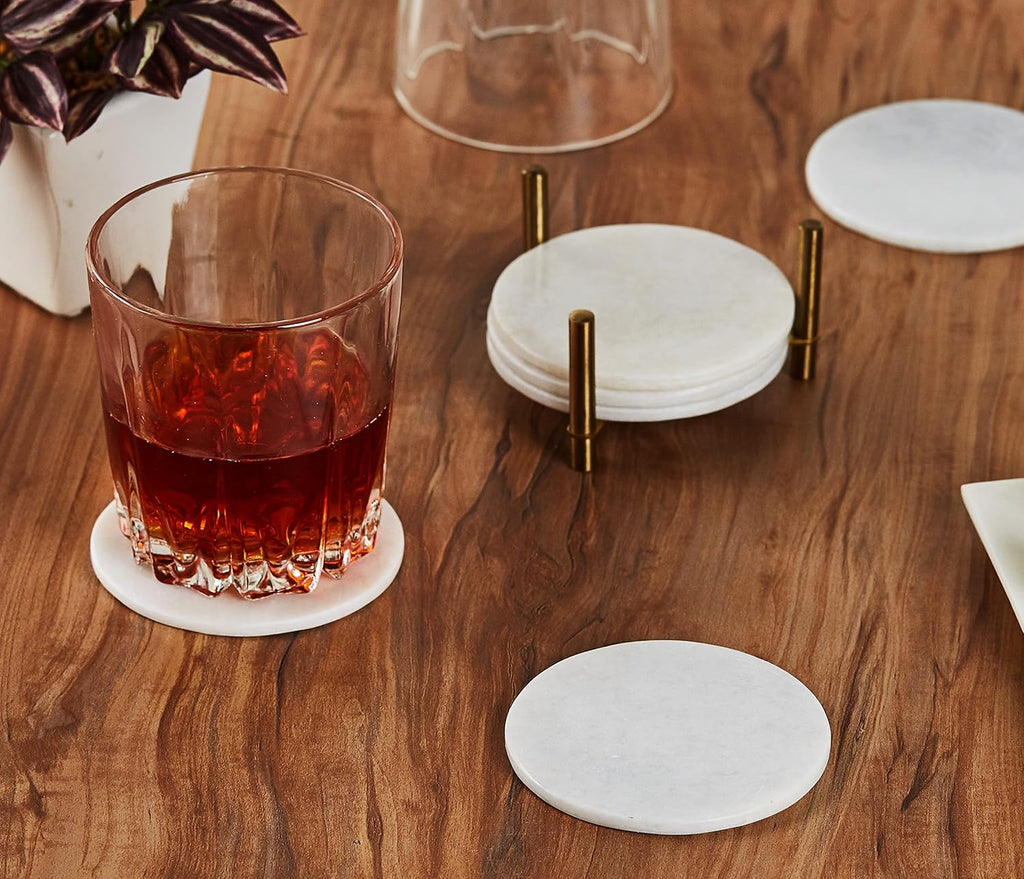 Marble Coasters for Drinks, Natural Stone Coasters Set for Coffee Table, Bar, Dining & Home Decor Sleek - Set of 6
