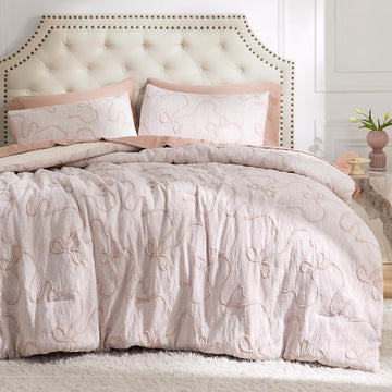 Pink Full Comforter Sets for Girls, GentleSoft 3 Pieces Bow Comforter with 2 Pillow Shams, Cute Girls Full Bedding