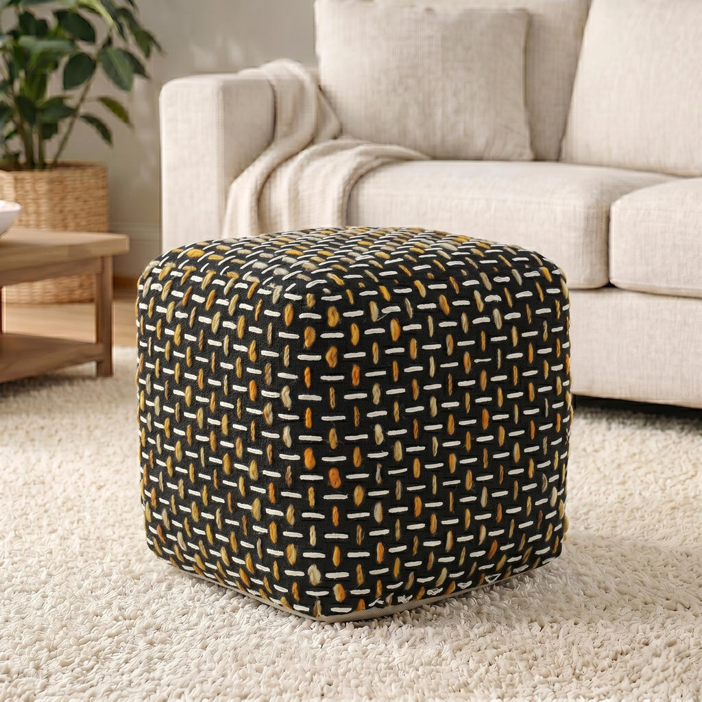 LR Home Hand-Woven Black/Gold/White Geometric Square Ottoman Pouf Decor | Lightweight Foot Rest | 16 x 16 x 16