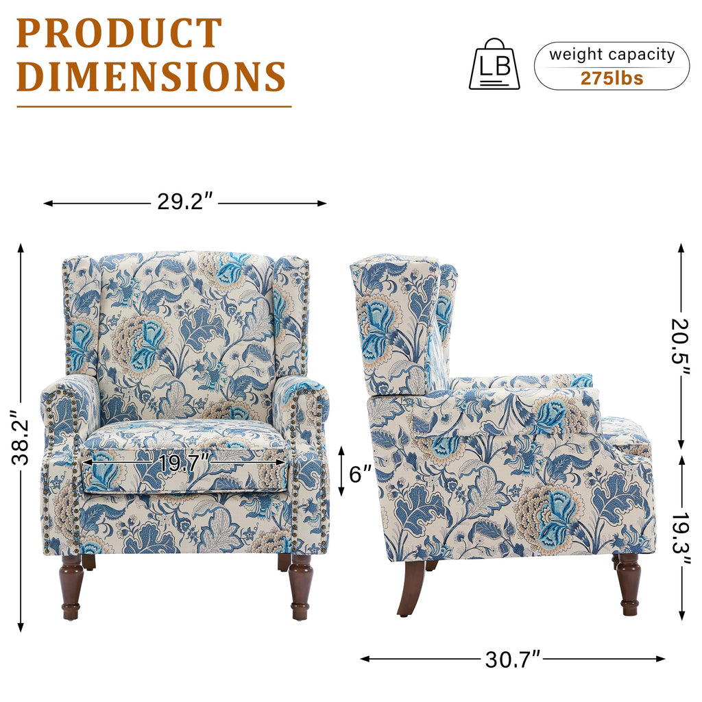 Wingback Accent Chairs Set of 2, High Back Upholstered Armchair, Boho Blue