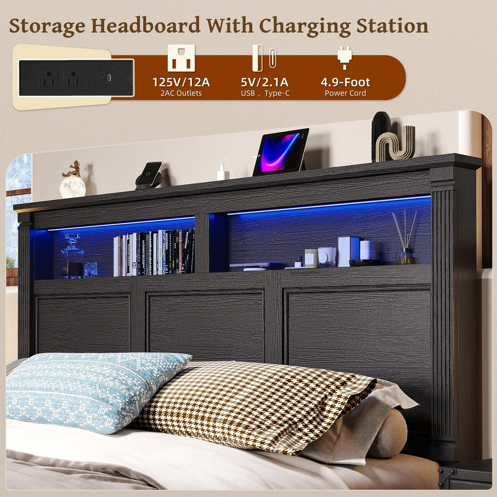 Farmhouse 53" Tall Bed Frame, Headboard& 2 Storage Drawers, Black