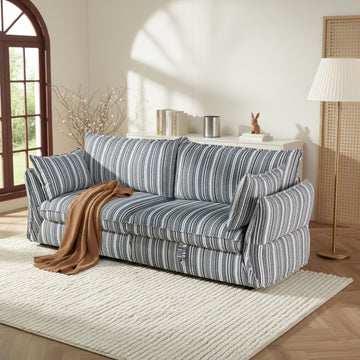 86" Modern Farmhouse Couch - 3 Seater Sofa with Striped Fabric Coastal Storage Sofas with Two Arm Pillows and Wood